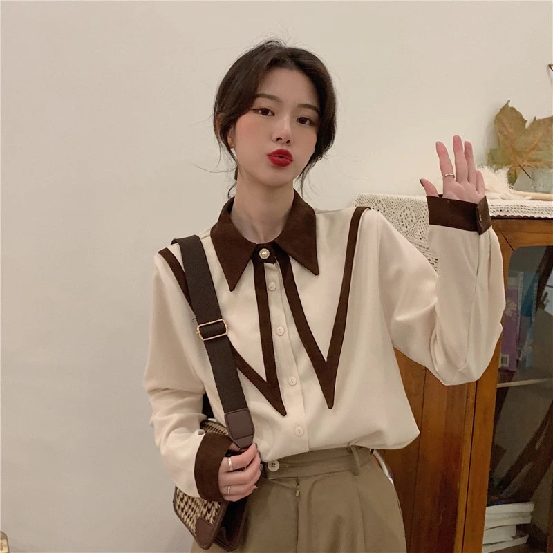ODER Áo sơ mi cổ búp bê phong cách cổ điển dài tay