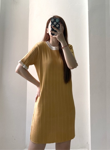 [Ảnh thật] Váy dệt kim cổ tròn (xanh + vàng) | BigBuy360 - bigbuy360.vn