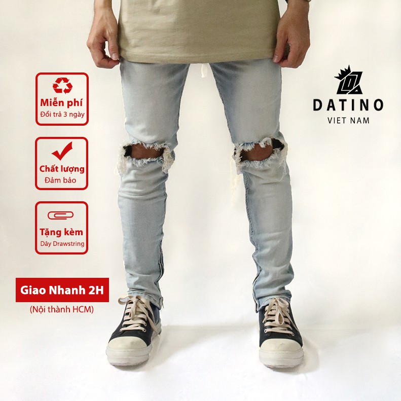 Quần jean nam Streetwear DATINO rách gối form Skinny co giãn ống khóa Zipper, bền màu