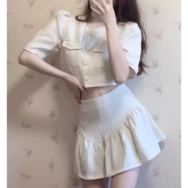 |KIMMY SET| Set trắng áo tiểu thư chân váy xếp tà TLÉA