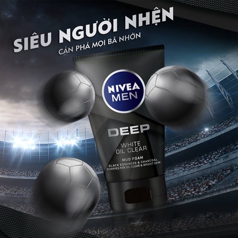 Sữa rửa mặt sáng da sạch nhờn Nivea Men Deep Whiteing Oil Control than hoạt tính 100g