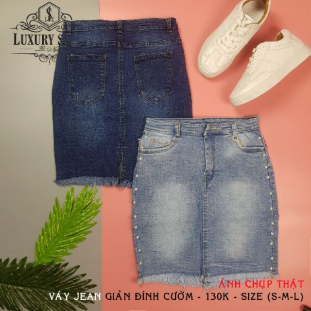 Chân váy jean body đính cườm co giãn