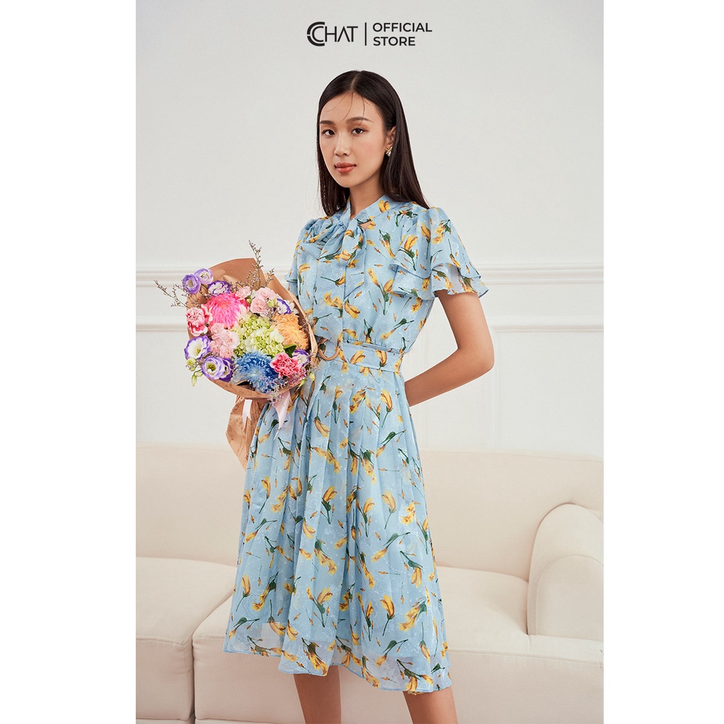 Đầm Nữ 𝐂𝐂𝐇𝐀𝐓 Họa Tiết Cổ Nơ Tay Xòe 2 Lớp Chất Voan Phong Cách Trẻ Trung Thanh Lịch 12VNV5002XT
