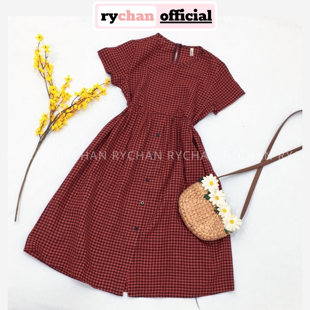 Đầm Nữ Babydoll Đi Chơi Họa Tiết Caro Phối Tay Ngắn Nút Đen, Đầm Nữ Đi Chơi Ưa Chuộng Đỏ Đen [ẢNH THẬT CUỐI] - DX9851
