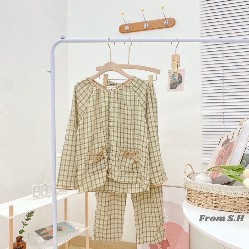 Bộ Kẻ Caro Mặc Nhà Phối Túi Nơ Chất Đũi Xinh