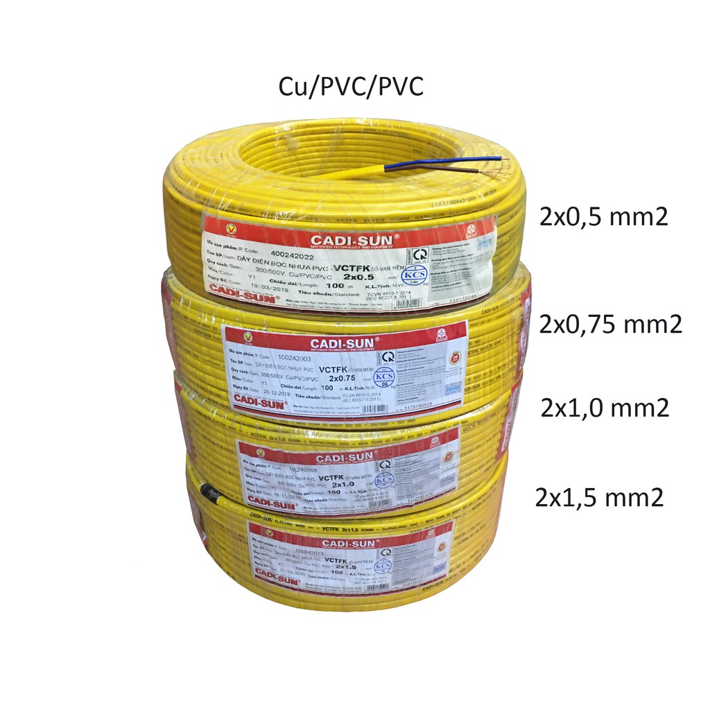 10m Dây điện đôi dẹt mềm 2x0,5 2x0,75 2x1 2x1,5 2x2,5 mm2 Cu/PVC/PVC bọc ovan mềm Cadisun W0-2x