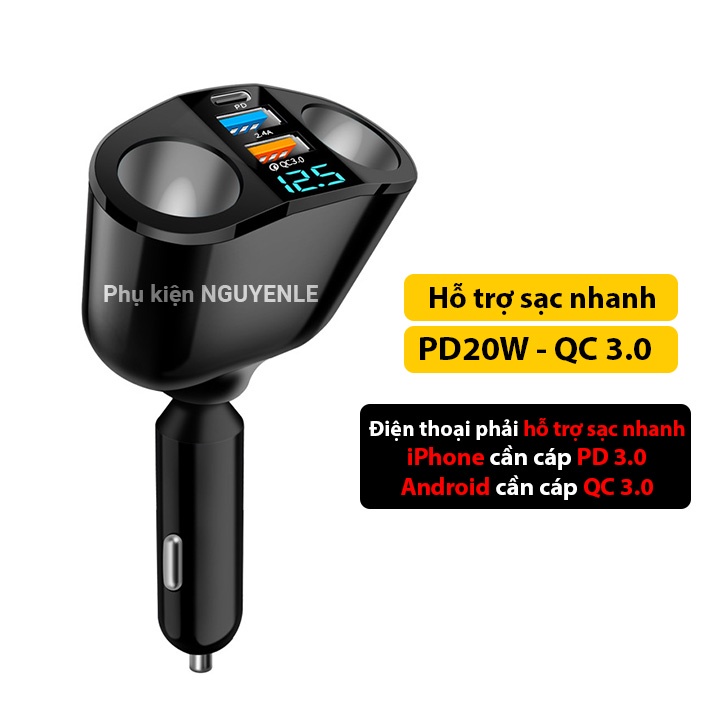 Bộ chia tẩu sạc ô tô, tẩu sạc nhanh PD 20W QC 3.0 18W tàn th