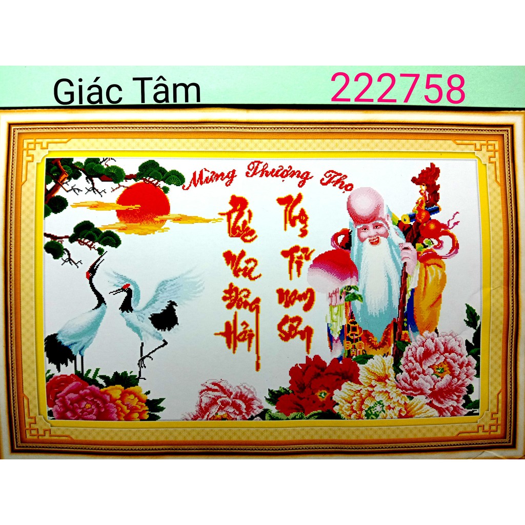 Tranh thêu MỪNG THƯỢNG THỌ - 112x71cm - 222758 - TÙNG HẠC MẪU ĐƠN ĐÀO PHƯỚC PHÚC THỌ CHỮ - tranh thêu chữ thập chưa thêu