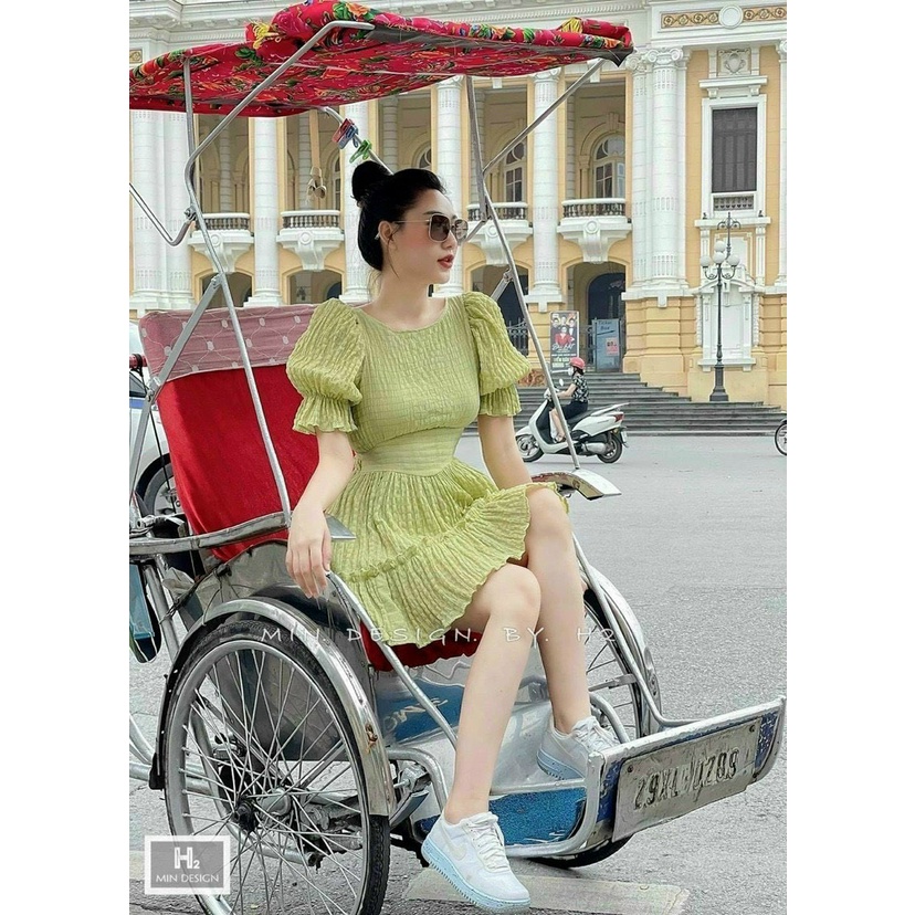 Đầm tay phồng mooking ba màu nâu đen xanh có mút có lót