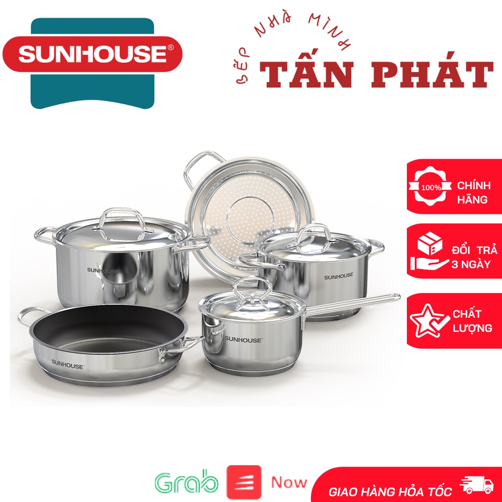 BỘ 5 MÓN NỒI CHẢO INOX 5 ĐÁY SUNHOUSE SHG995 (CÓ ẢNH THẬT)