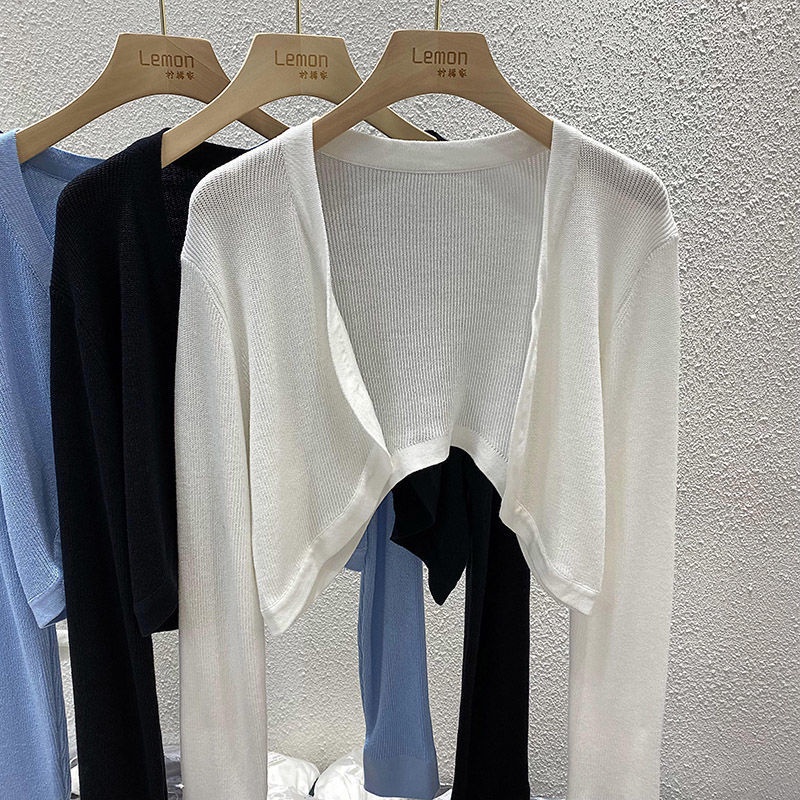 Áo Khoác Cardigan Dệt Kim Mỏng Màu Trắng / Đen Dáng Ngắn Chống Nắng Thời Trang Mùa Hè Cho Nữ