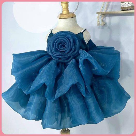 Váy Công Chúa 2 Dây 2 Tầng Thiết Kế Hoa Hồng Trước Ngực Cao Cấp, Đầm Công Chúa Cho Bé Gái Đi Dự Tiệc Tặng Kèm Cài Tóc