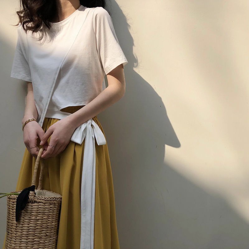 Áo Thun Cotton Tay Ngắn Cổ Tròn Dáng Rộng Thắt Nơ Eo Màu Trơn Thời Trang Hàn Quốc Cho Nữ