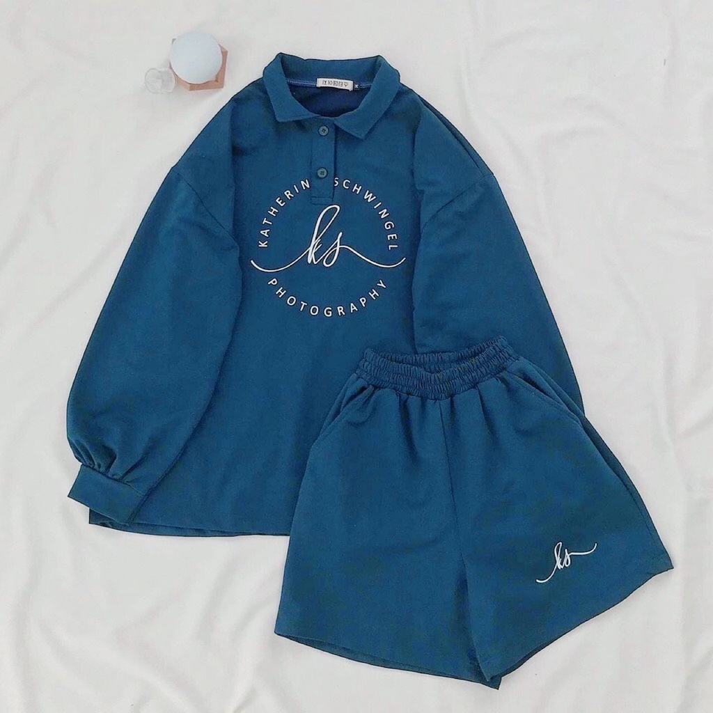 Set polo Xanh Katherin Schwingel QUYNBOUTIQUE  Set quần sooc ống rộng kèm áo thun bồng oversize hàn quốc đẹp