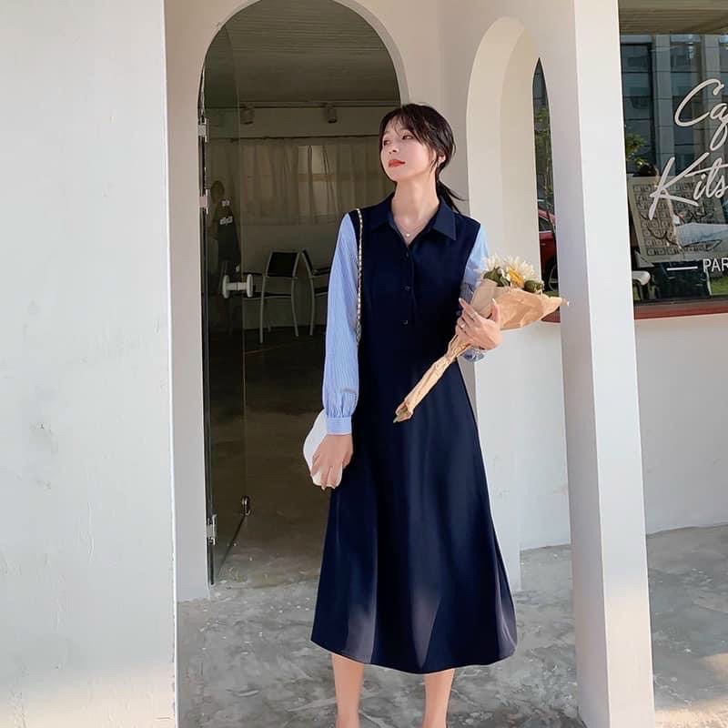 Đầm váy midi xanh đen phối sọc tay dài