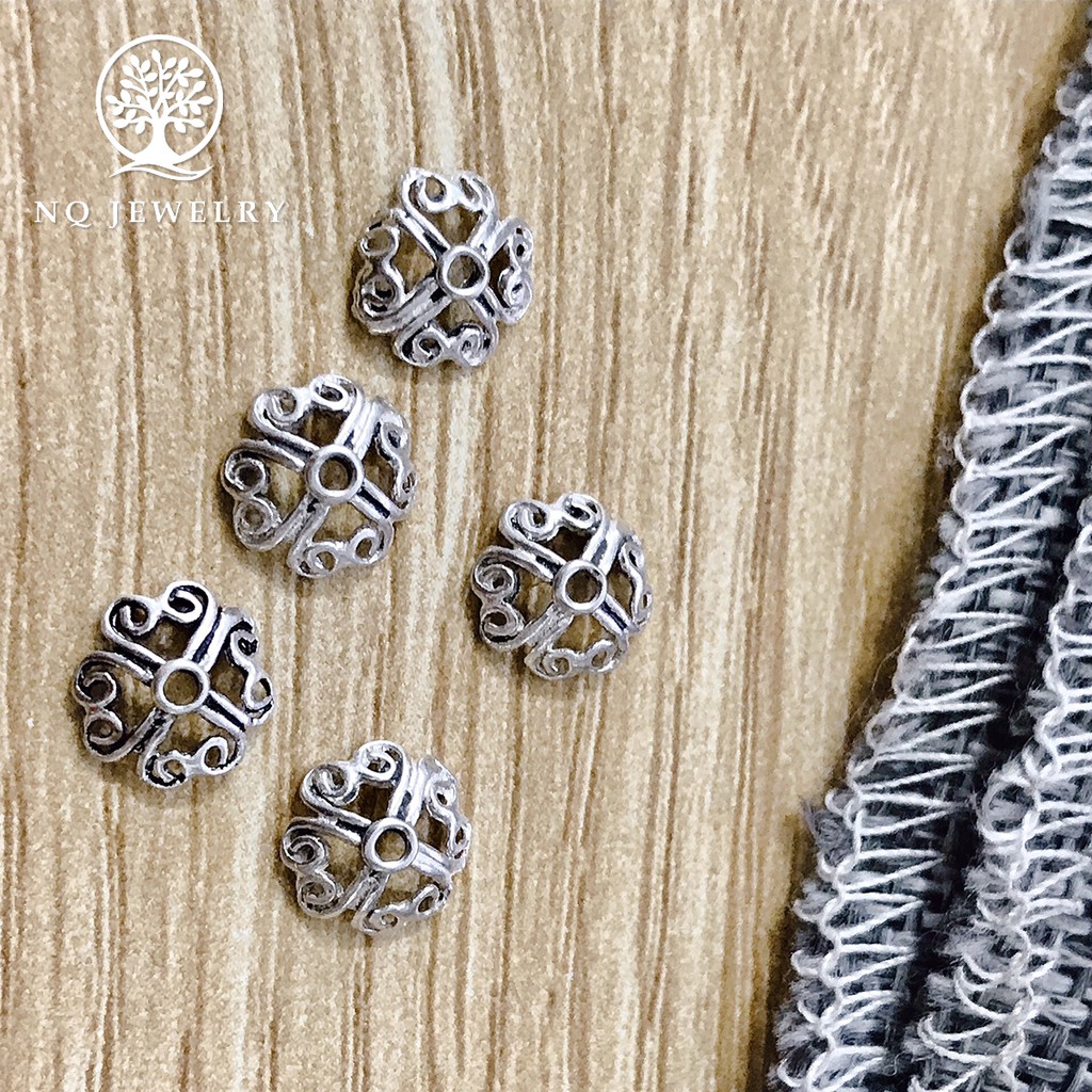 Charm bạc chụp hạt, bọc hạt họa tiết hoa văn trái tim 8mm - NQ Jewelry