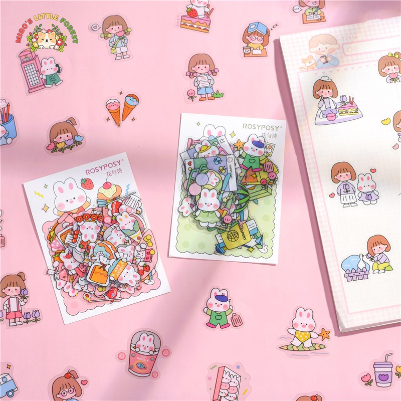 Sticker nền trong cute Rosy Posy nhãn dán thỏ bé gái xinh xắn | MST393