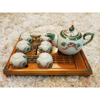 COMBO Bộ Ấm Chén MEN VẼ + KHAY GỖ BỌC ĐỒNG