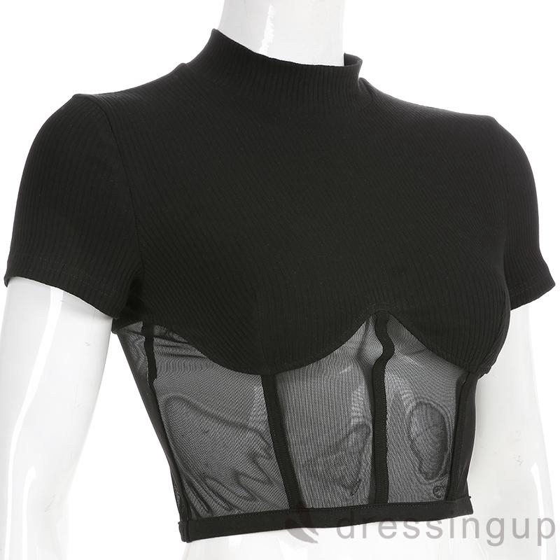 Áo ngắn tay màu đen phối vải lưới thời trang cho nữ mặc hàng ngày