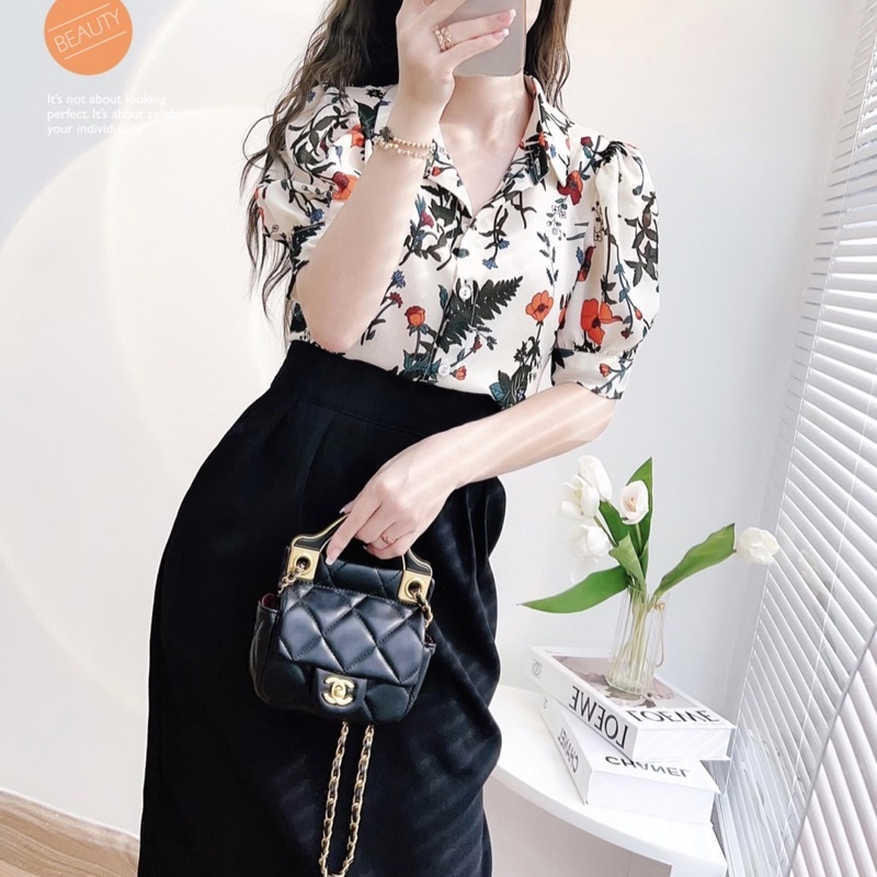 Set áo sơ mi hoa G545 phối chân váy đen rất trẻ trung sang chảnh tôn dáng cho chị em có bán rời áo và chân váy