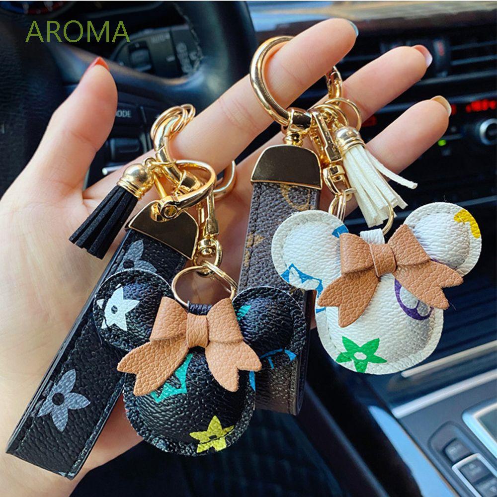 Móc khóa gắn mặt hình chuột Mickey bằng da PU phối vải bông dễ thương