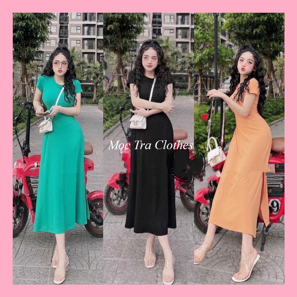 Đầm body nữ trơn thiết kế cổ tròn dáng xòe dài xẻ bên sang chảnh, Váy ôm nữ ngắn tay dự tiệc rẻ đẹp trẻ trung