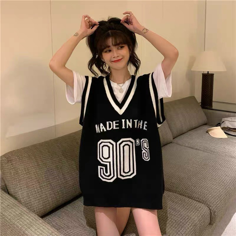 Áo len gile nữ , dáng HQ suông, chữ 90