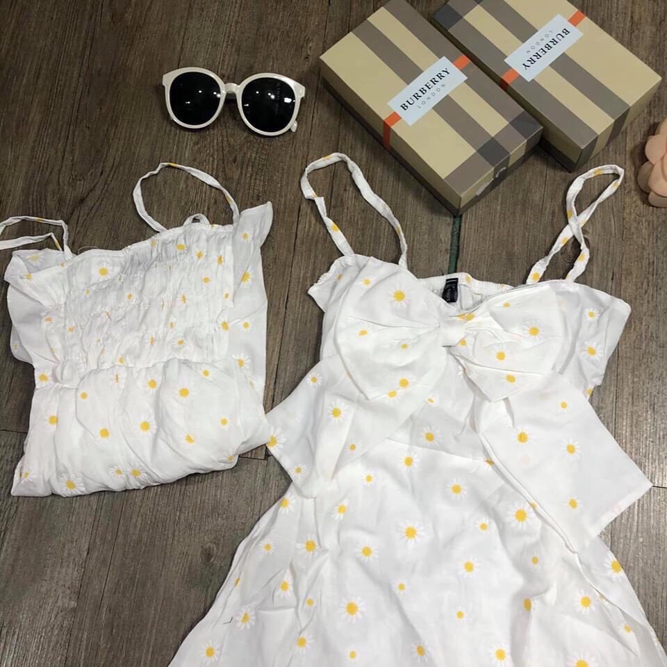 Váy đầm nữ hai dây hoa cúc, cúc họa mi trắng tinh khôi kết nơ trước ngực thích hợp mặc đi chơi, đi tiệc | BigBuy360 - bigbuy360.vn