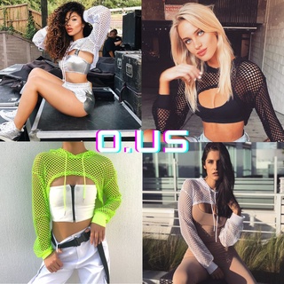 Áo croptop hở ngực ren lưới có mũ, áo tập nhảy cá tính sexy