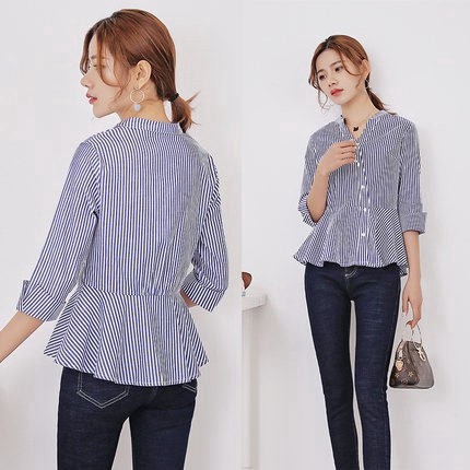 Áo Blouse nữ tay lửng xanh trắng sọc trắng xanh dương kiểu Hàn Quốc