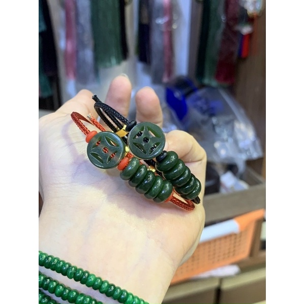 Vòng đeo tay dây cáp Đồng Điếu ngọc bi,ch xanh