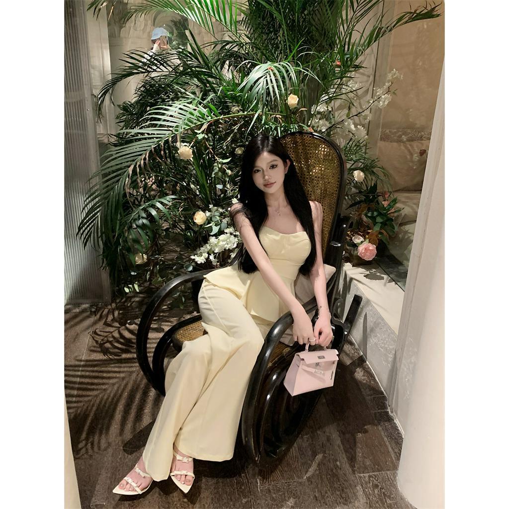 Set Áo Hai Dây + Quần Dài Ống Rộng Lưng Cao Thời Trang Cho Nữ