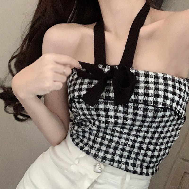Áo Croptop dệt kim hai dây họa tiết caro đính nơ dáng ôm trẻ trung cho nữ