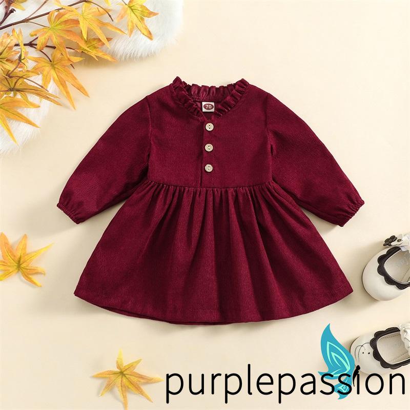 Đầm Nhung Dài Tay Dáng Chữ A Cổ Bèo Màu Trơn Cài Nút Thời Trang Mùa Thu Cho Bé Gái