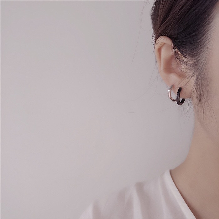 Korean Ladies Silver Earrings / Women Geometric Octagonal Hoop Earrings / Simple Ear Buckle / Students Stud Earrings