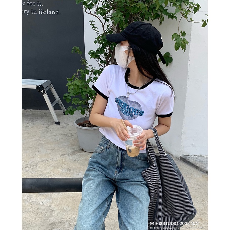 Áo Thun cotton Ngắn Tay Hở Vai Ôm Dáng Màu Sắc Tương Phản Thời Trang Cho Nữ