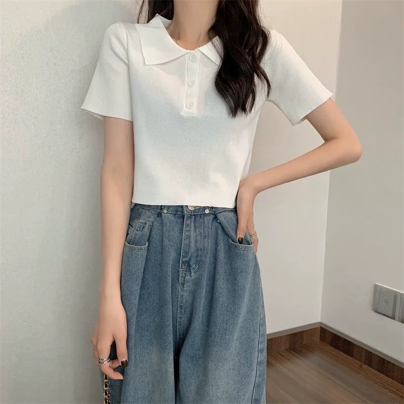 Áo Croptop Nữ Chất Len Dệt Kim Tay Ngắn Hàng Quảng Châu Cao Cấp Ailee