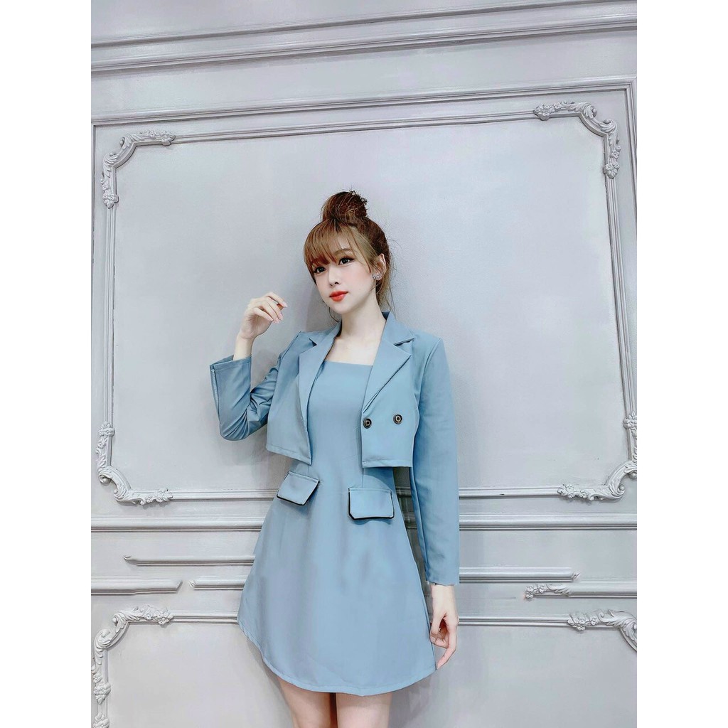 [BÁN CHẠY]Sét đầm kèm áo vest khoác lửng 4 màu XQ1121