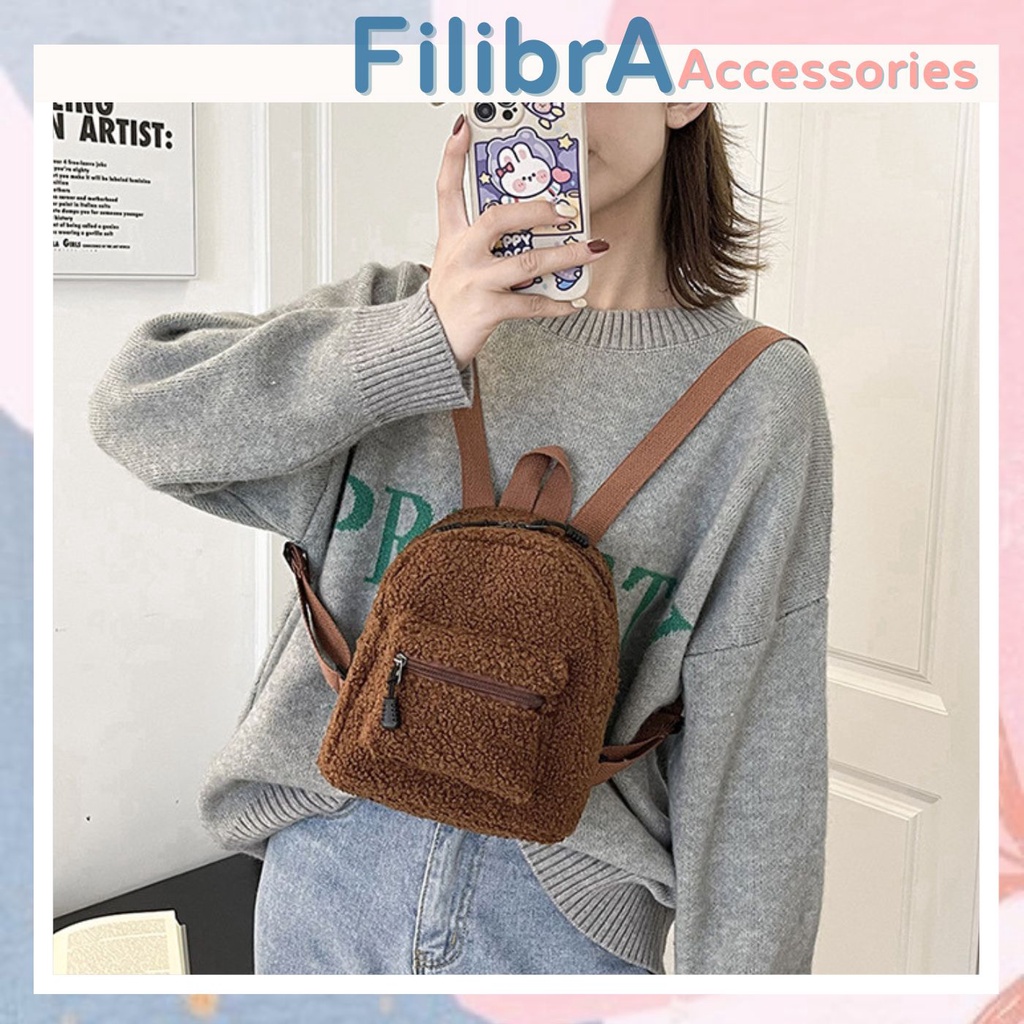Ba lô lông cừu nhỏ dễ thương, balo mini lông mịn cute Filibra - TX012