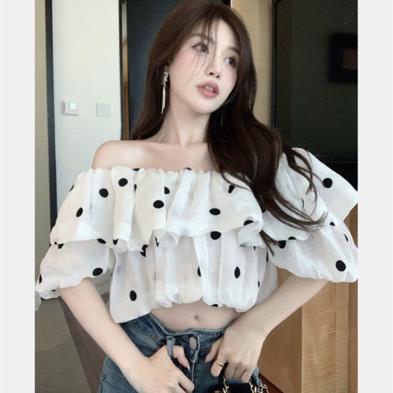 Áo Sơ Mi Tay Ngắn Hở Vai Dáng Rộng Họa Tiết Chấm Bi Thời Trang Mùa Hè Quyến Rũ Cho Nữ