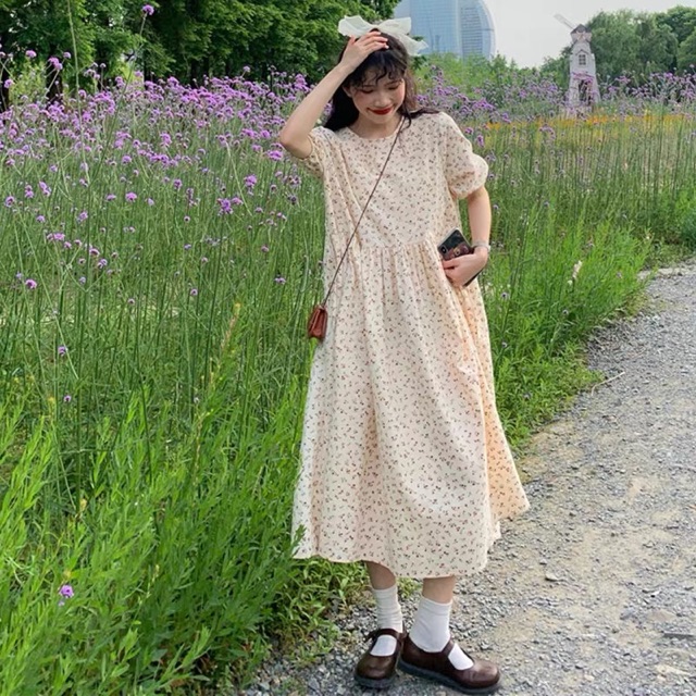 Váy Babydoll hoa nhí Vintage Hàn Quốc Kèm ảnh thật