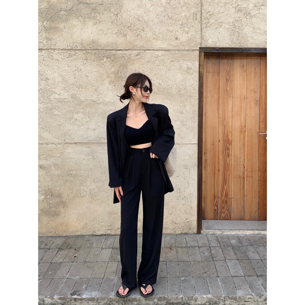 COZOK Quần dài nữ ống rộng lưng cao màu đen thời trang mùa thu 2021