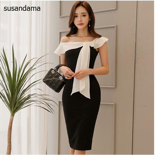 Đầm Bút Chì Ôm Trễ Vai Nhún Bèo Quyến Rũ Phong Cách Hàn Quốc