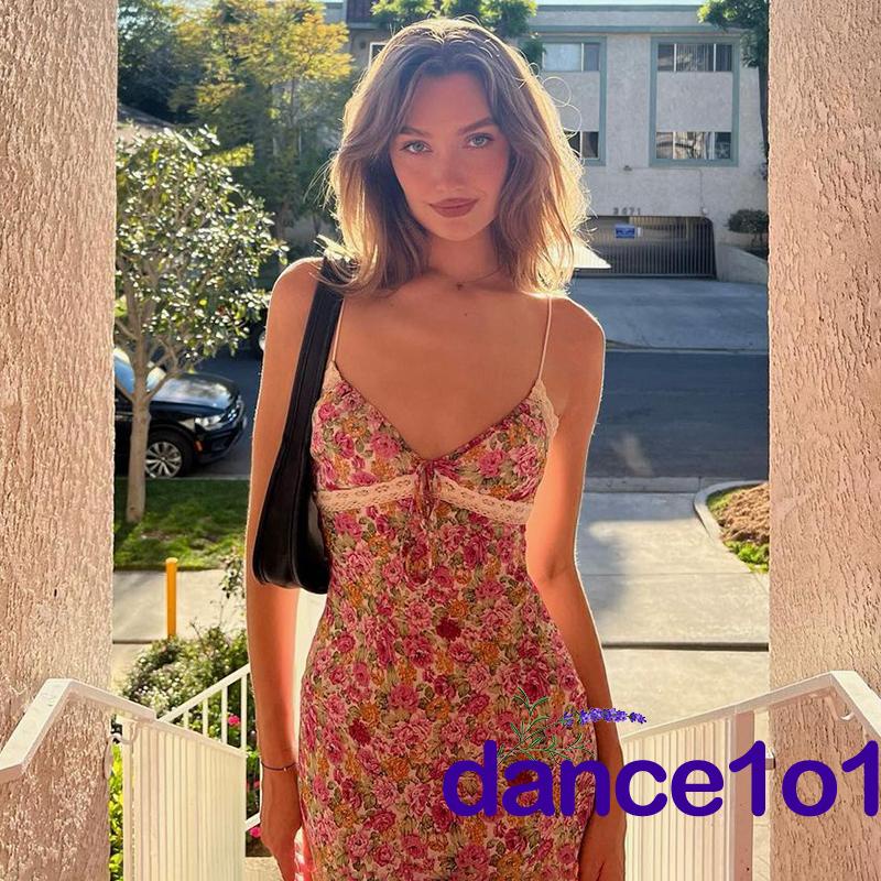 Đầm Dài Cổ Chữ V Khoét Sâu Họa Tiết Hoa Cho Nữ Khiêu Vũ1O1-Y2k