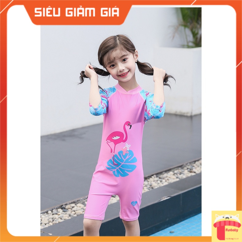 Đồ tắm biển cho bé gái 2-7 tuổi liền thân kèm mũ hình con hạc, Bộ bơi trẻ em cao cấp vải co giãn cực tốt