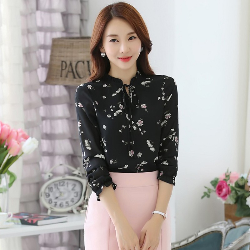 Áo Chiffon Nữ Tay Dài Họa Tiết Hoa Màu Đen