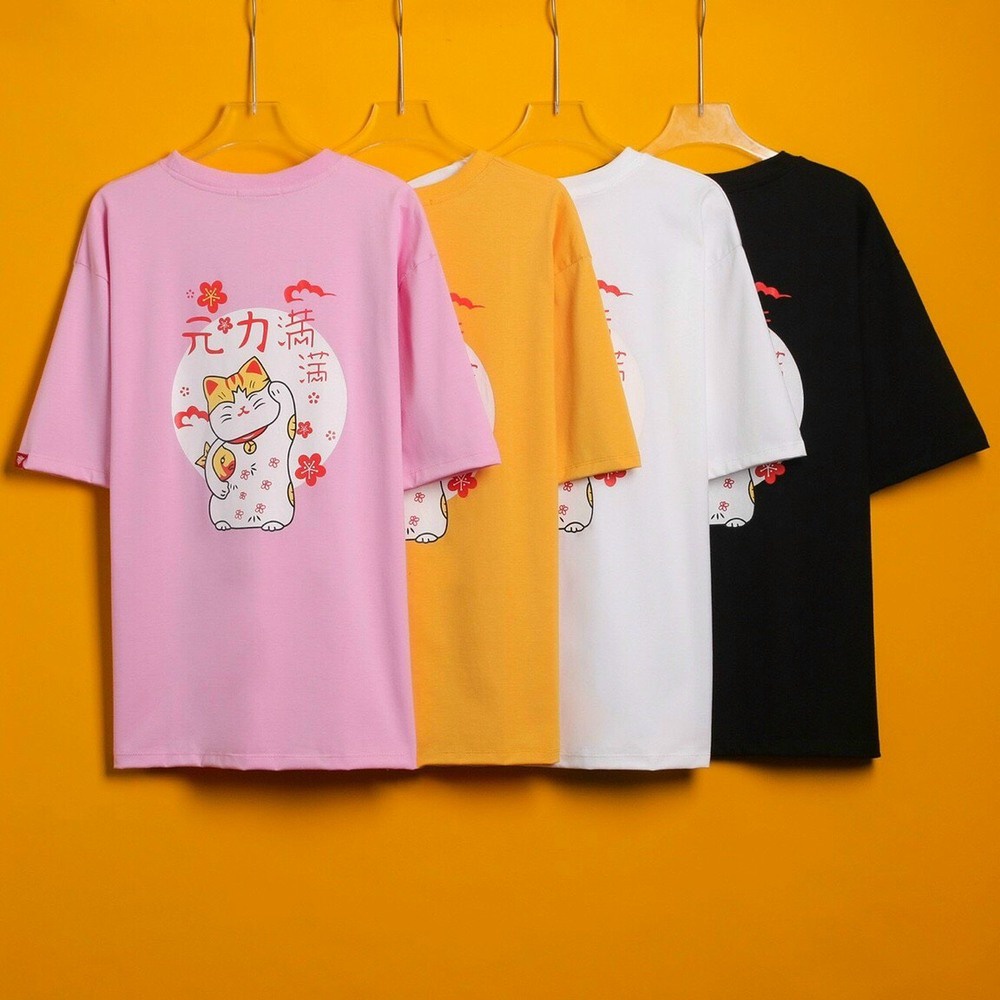 Áo thun tay lỡ nam, nữ, unisex form rộng, vải cotton 4 chiều thấm hút thoáng mát Mèo Thần Tài -HOBA.shop-