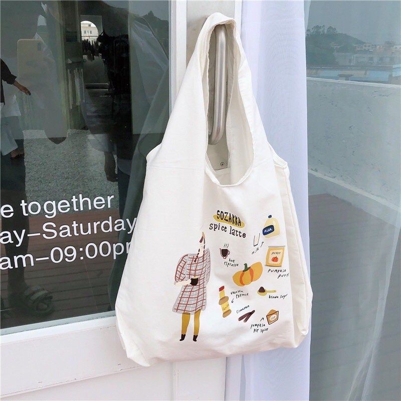 Túi tote vải canvas liền quai không khóa miệng túi đi học đi chơi phong cách free style