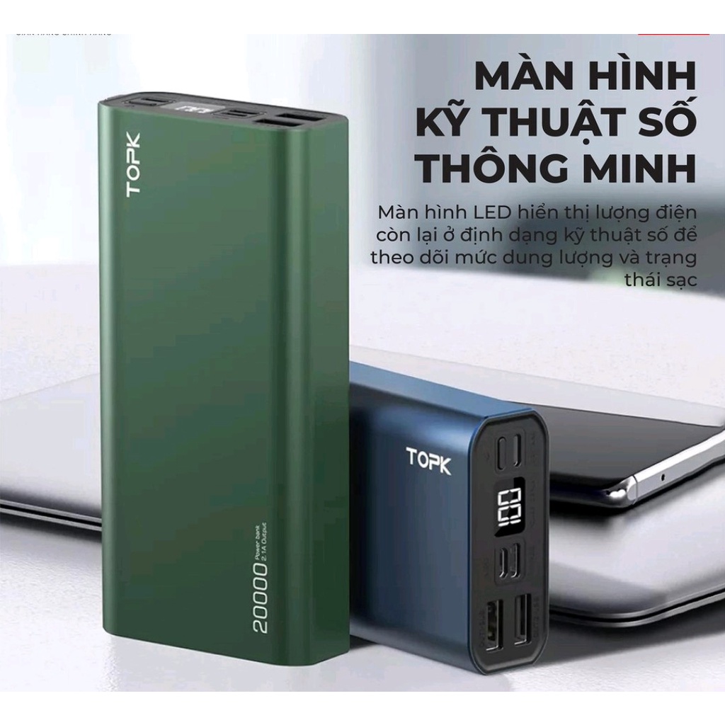 [CHÍNH HÃNG] Sạc dự phòng Vỏ Kim Loại TOPK I2006 20000 MAh Sạc Cho Iphone Xiaomi Samsuang Samsung HUAWEI Oppo