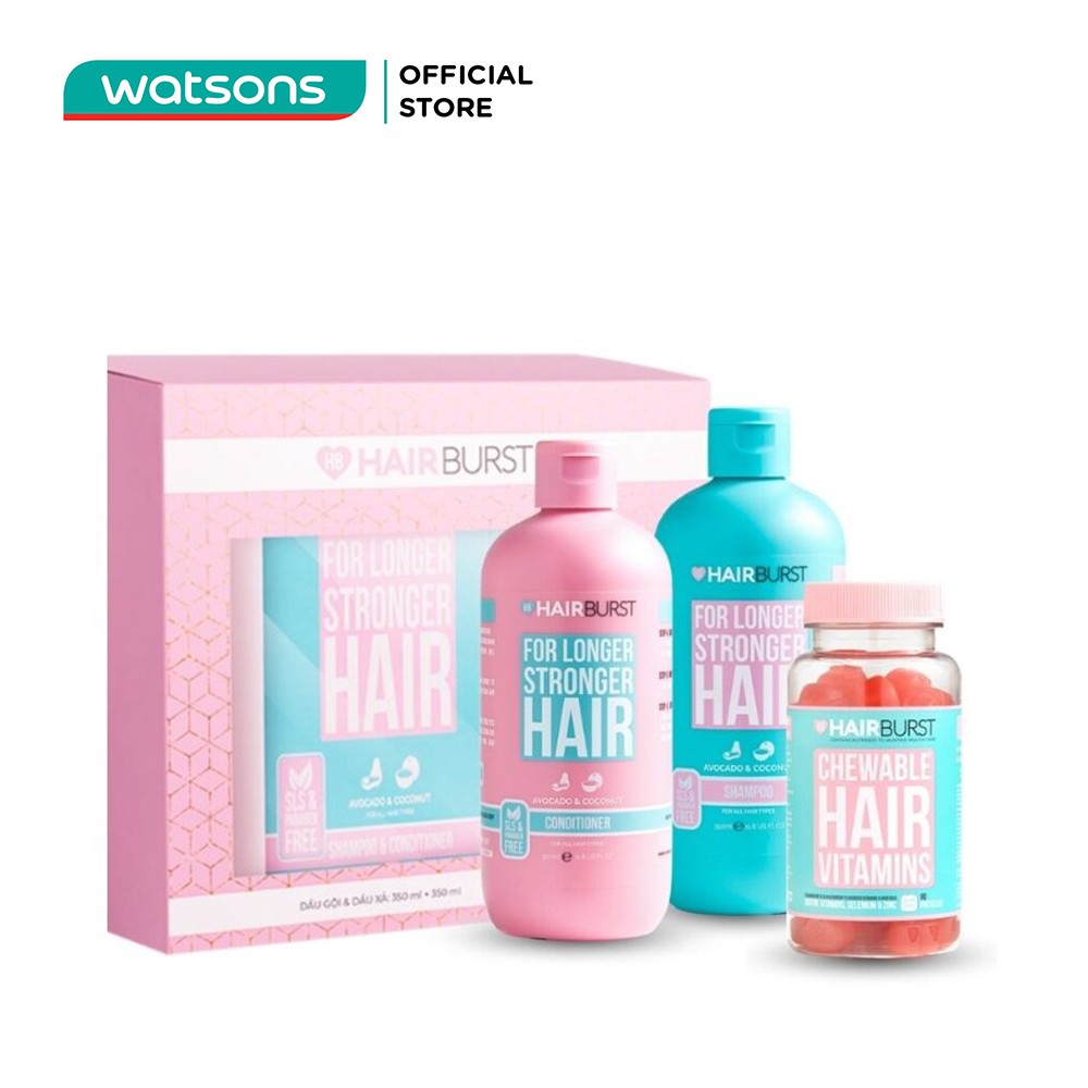 Combo Hairburst Kích Thích Mọc Tóc (Set Gội 350ml &amp; Xả 350ml + Kẹo Dẻo Vitamins 60 Viên)